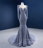 Prom Dress 2025 Long Sleeve Gray Mermaid Beaded Prom Dresses with Court Train FD2597 viniodress-unique prom dresses-Grey-Custom Size-Viniodress