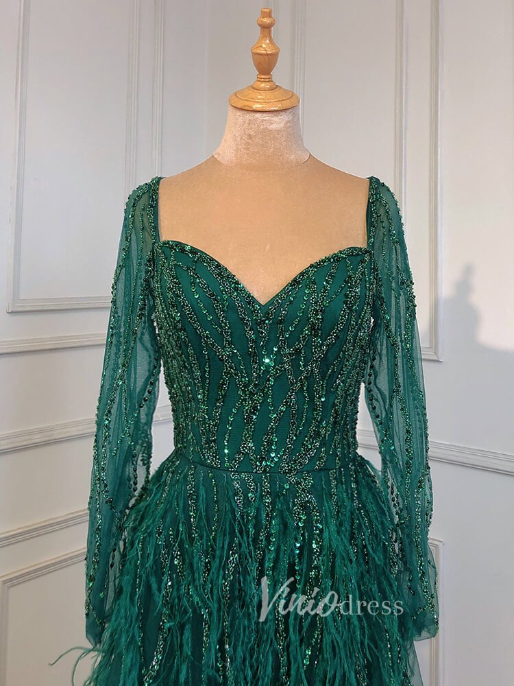 Long Sleeve Green Feather Prom Dresses Beaded Blue Evening Gowns 20004-Evening Dresses 2025 -Viniodress-As Picture-US 2-