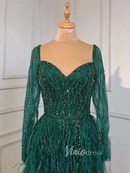 Long Sleeve Green Feather Prom Dresses Beaded Blue Evening Gowns 20004-Evening Dresses 2025 -Viniodress-As Picture-US 2-