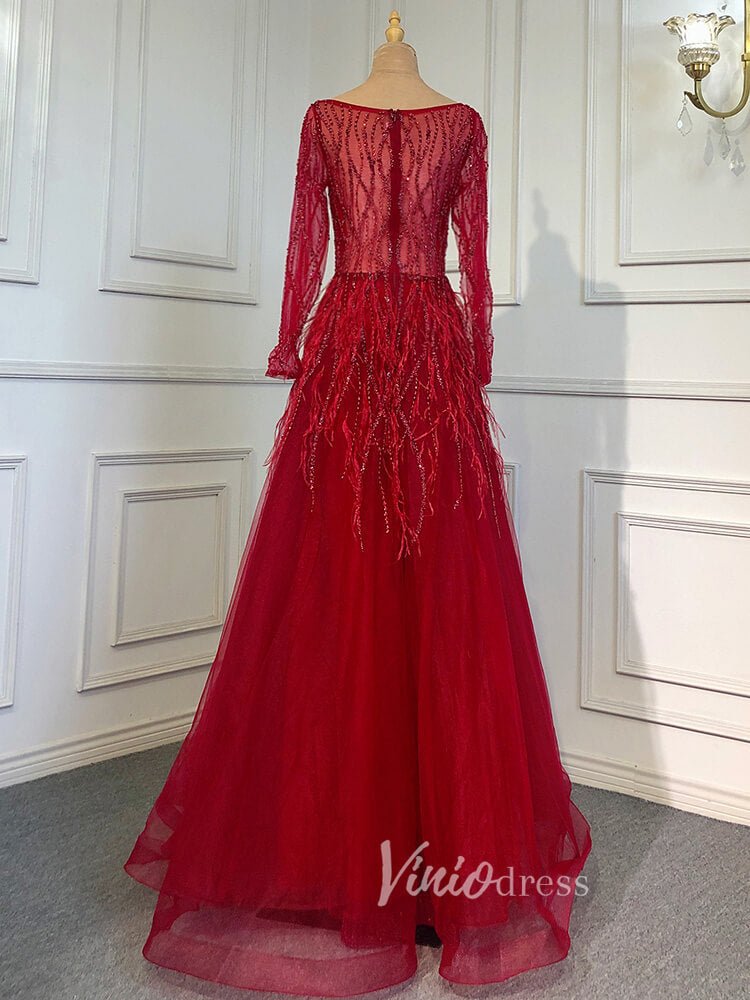 Long Sleeve Green Feather Prom Dresses Beaded Blue Evening Gowns 20004-Evening Dresses 2025 -Viniodress-As Picture-US 2-