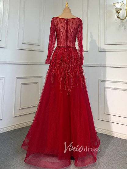 Long Sleeve Green Feather Prom Dresses Beaded Blue Evening Gowns 20004-Evening Dresses 2025 -Viniodress-As Picture-US 2-