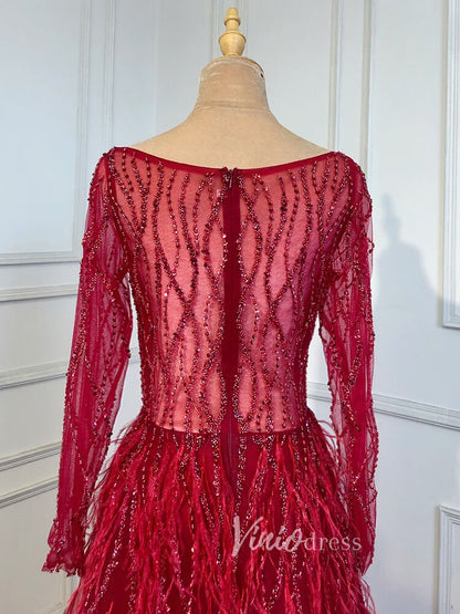 Long Sleeve Green Feather Prom Dresses Beaded Blue Evening Gowns 20004-Evening Dresses 2025 -Viniodress-As Picture-US 2-