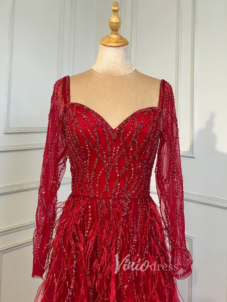 Long Sleeve Green Feather Prom Dresses Beaded Blue Evening Gowns 20004-Evening Dresses 2025 -Viniodress-As Picture-US 2-