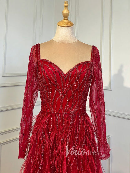 Long Sleeve Green Feather Prom Dresses Beaded Blue Evening Gowns 20004-Evening Dresses 2025 -Viniodress-As Picture-US 2-