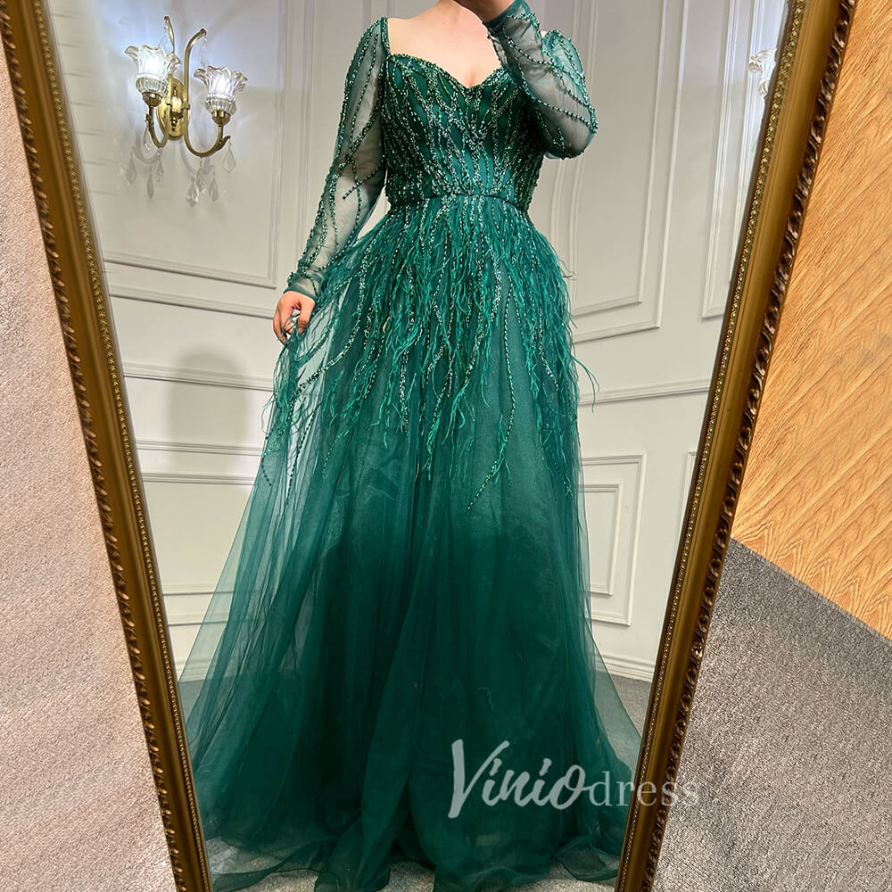 Long Sleeve Green Feather Prom Dresses Beaded Blue Evening Gowns 20004-Evening Dresses 2025 -Viniodress-As Picture-US 2-