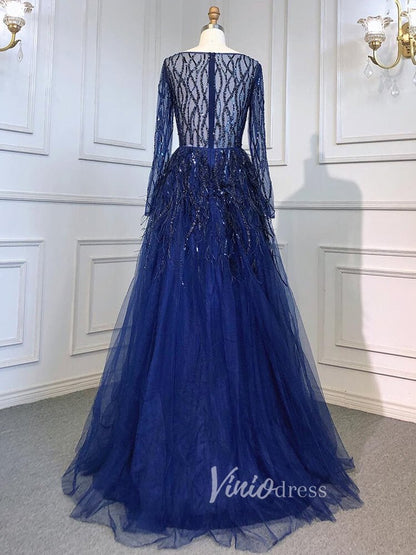 Long Sleeve Green Feather Prom Dresses Beaded Blue Evening Gowns 20004-Evening Dresses 2025 -Viniodress-As Picture-US 2-