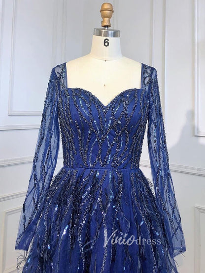 Long Sleeve Green Feather Prom Dresses Beaded Blue Evening Gowns 20004-Evening Dresses 2025 -Viniodress-As Picture-US 2-