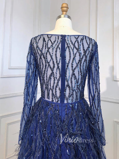 Long Sleeve Green Feather Prom Dresses Beaded Blue Evening Gowns 20004-Evening Dresses 2025 -Viniodress-As Picture-US 2-