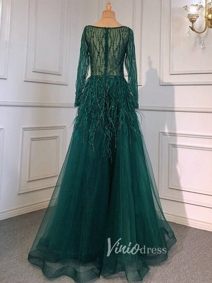 Long Sleeve Green Feather Prom Dresses Beaded Blue Evening Gowns 20004-Evening Dresses 2025 -Viniodress-As Picture-US 2-