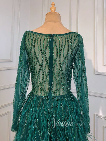 Long Sleeve Green Feather Prom Dresses Beaded Blue Evening Gowns 20004-Evening Dresses 2025 -Viniodress-As Picture-US 2-