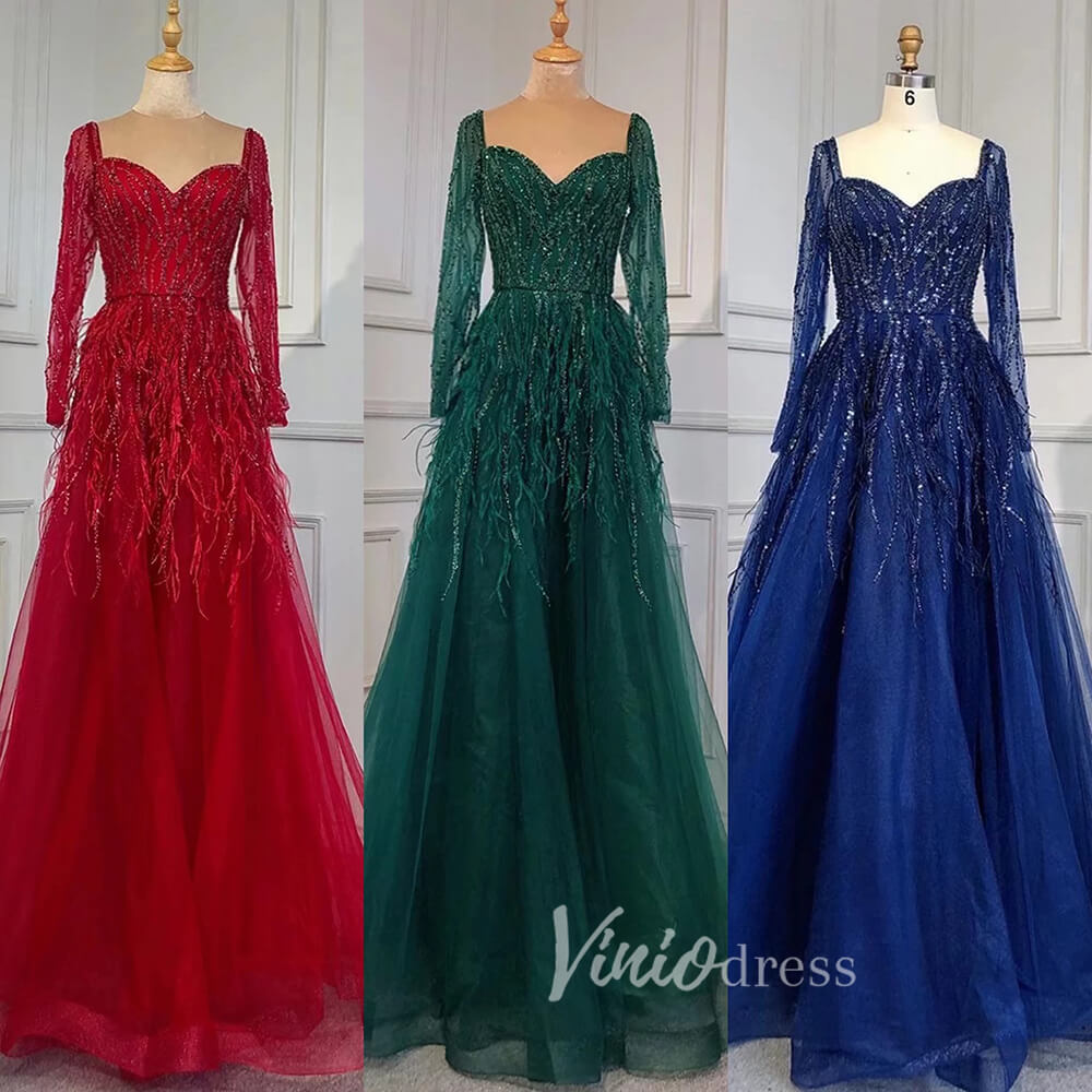 Long Sleeve Green Feather Prom Dresses Beaded Blue Evening Gowns 20004-Evening Dresses 2025 -Viniodress-As Picture-US 2-