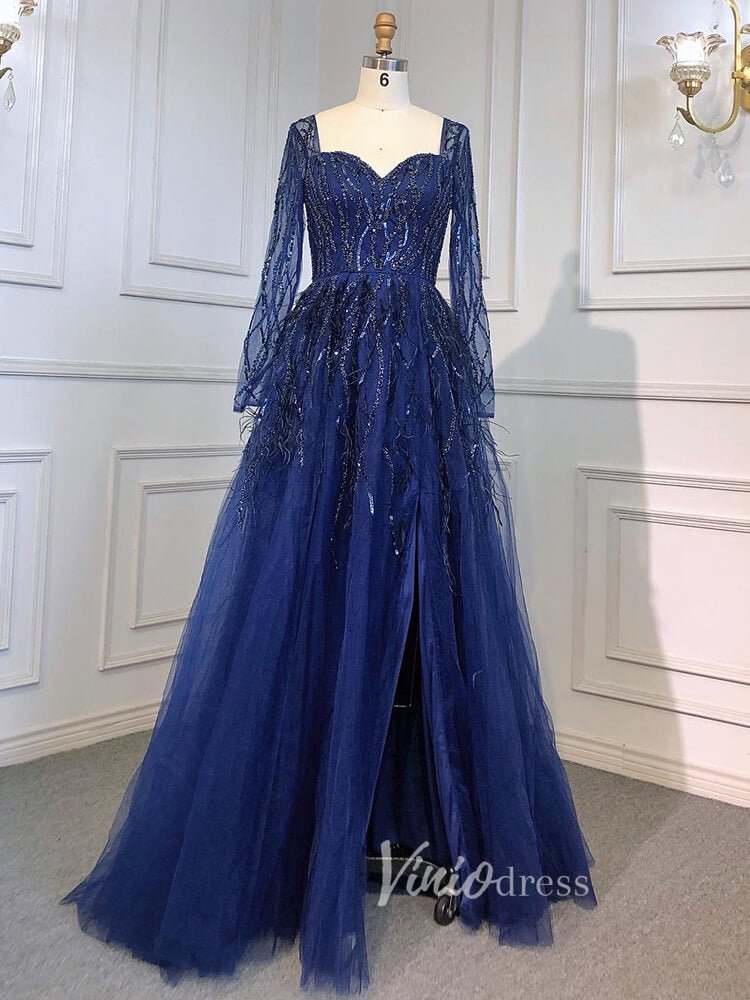 Long Sleeve Green Feather Prom Dresses Beaded Blue Evening Gowns 20004-Evening Dresses 2025 -Viniodress-Blue-US 2-