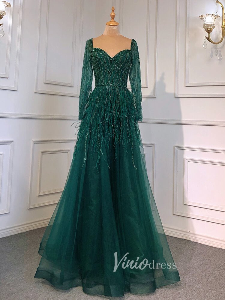 Long Sleeve Green Feather Prom Dresses Beaded Blue Evening Gowns 20004-Evening Dresses 2025 -Viniodress-Green-US 2-