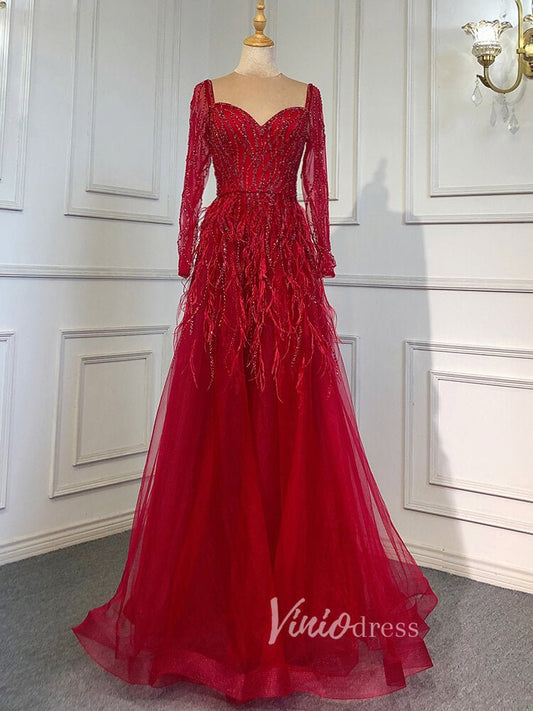 Long Sleeve Green Feather Prom Dresses Beaded Blue Evening Gowns 20004-Evening Dresses 2025 -Viniodress-Red-US 2-