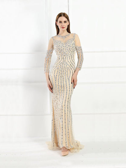 Long Sleeve Grey Beaded Prom Dresses FD1437B-Evening Dresses 2025 -Viniodress-Gold-US 2-