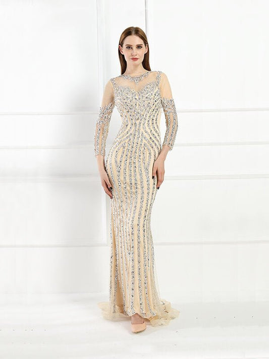 Long Sleeve Grey Beaded Prom Dresses FD1437B-Evening Dresses 2025 -Viniodress-Gold-US 2-