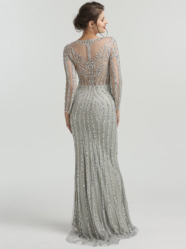 Long Sleeve Grey Beaded Prom Dresses FD1437B-Evening Dresses 2025 -Viniodress-Grey-US 2-