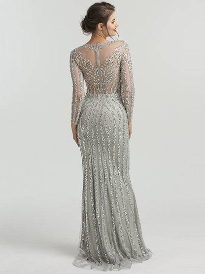 Long Sleeve Grey Beaded Prom Dresses FD1437B-Evening Dresses 2025 -Viniodress-Grey-US 2-