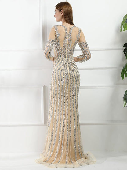 Long Sleeve Grey Beaded Prom Dresses FD1437B-Evening Dresses 2025 -Viniodress-Grey-US 2-