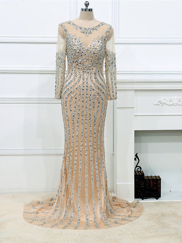 Long Sleeve Grey Beaded Prom Dresses FD1437B-Evening Dresses 2025 -Viniodress-Grey-US 2-