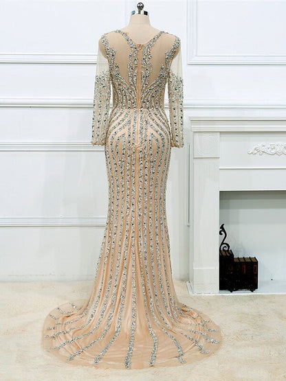 Long Sleeve Grey Beaded Prom Dresses FD1437B-Evening Dresses 2025 -Viniodress-Grey-US 2-