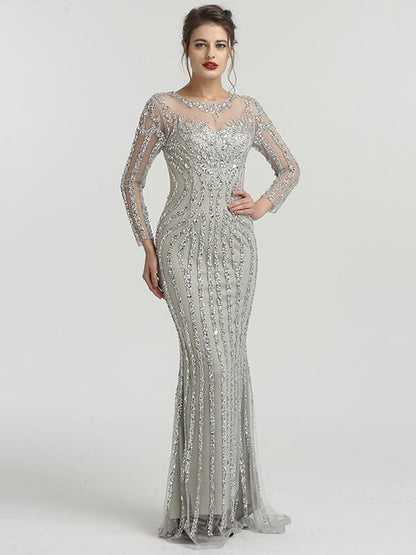 Long Sleeve Grey Beaded Prom Dresses FD1437B-Evening Dresses 2025 -Viniodress-Grey-US 2-