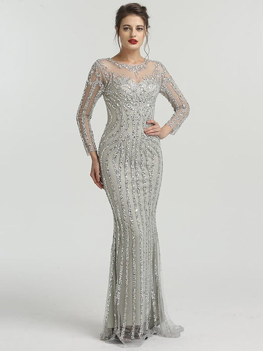 Long Sleeve Grey Beaded Prom Dresses FD1437B-Evening Dresses 2025 -Viniodress-Grey-US 2-