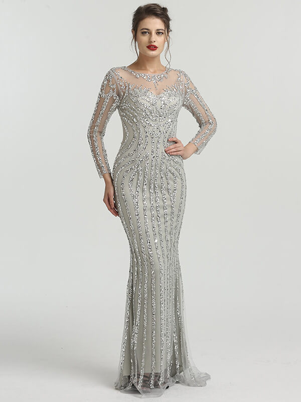 Long Sleeve Grey Beaded Prom Dresses FD1437B-prom dresses-Viniodress-Grey-US 2-Viniodress