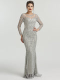 Long Sleeve Grey Beaded Prom Dresses FD1437B