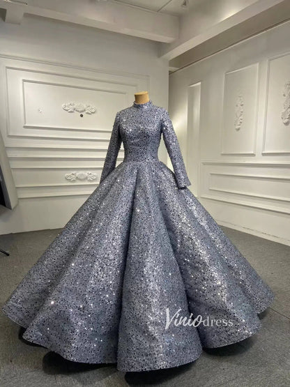 Long Sleeve Grey High Neck Ball Gown Wedding Dress 66591 Beaded Lace-Quinceanera Dresses 2025 -Viniodress-Grey-Custom Size-