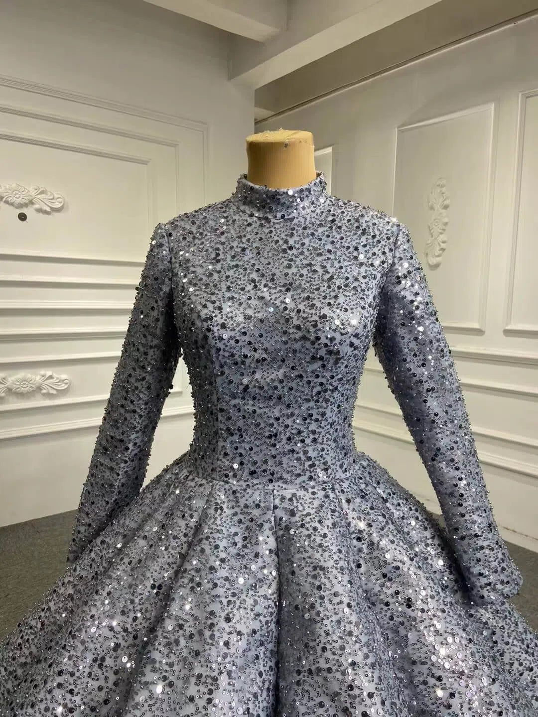 Long Sleeve Grey High Neck Ball Gown Wedding Dress 66591 Beaded Lace-Quinceanera Dresses 2025 -Viniodress-Grey-Custom Size-