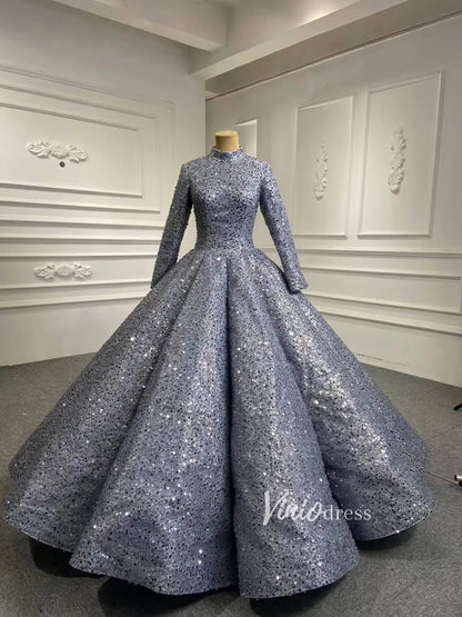Long Sleeve Grey High Neck Ball Gown Wedding Dress 66591 Beaded Lace-Quinceanera Dresses 2025 -Viniodress-Grey-Custom Size-