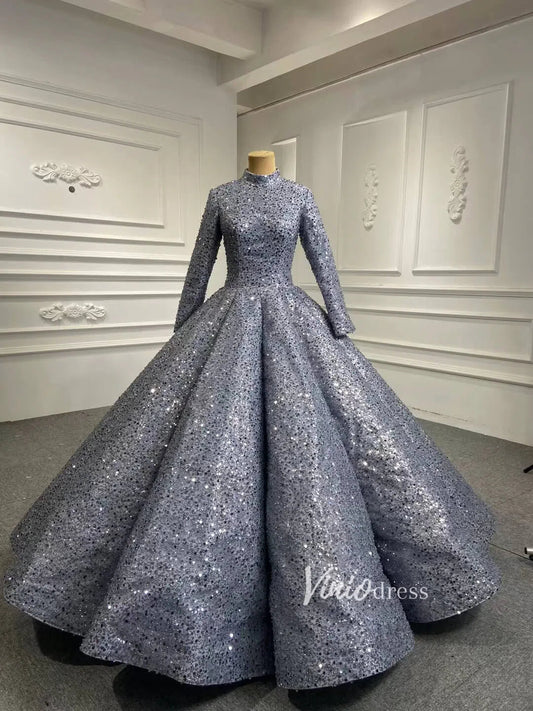 Long Sleeve Grey High Neck Ball Gown Wedding Dress 66591 Beaded Lace-Quinceanera Dresses 2025 -Viniodress-Grey-Custom Size-