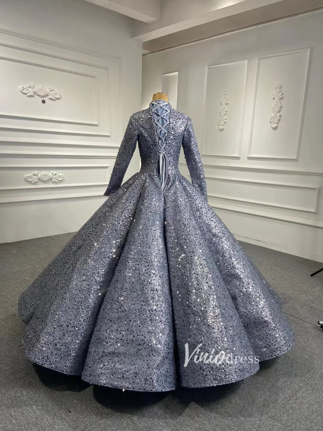 Long Sleeve Grey High Neck Ball Gown Wedding Dress 66591 Beaded Lace-Quinceanera Dresses-Viniodress-Viniodress