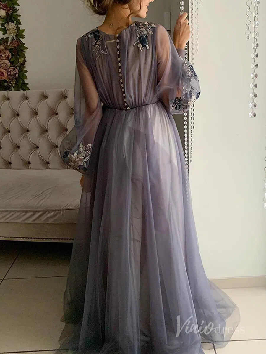Long Sleeve Grey Prom Dresses Embroidered Engagement Dress FD1654 Viniodress Long Sleeve Grey Prom Dresses Embroidered Engagement Dress FD1654 Viniodress