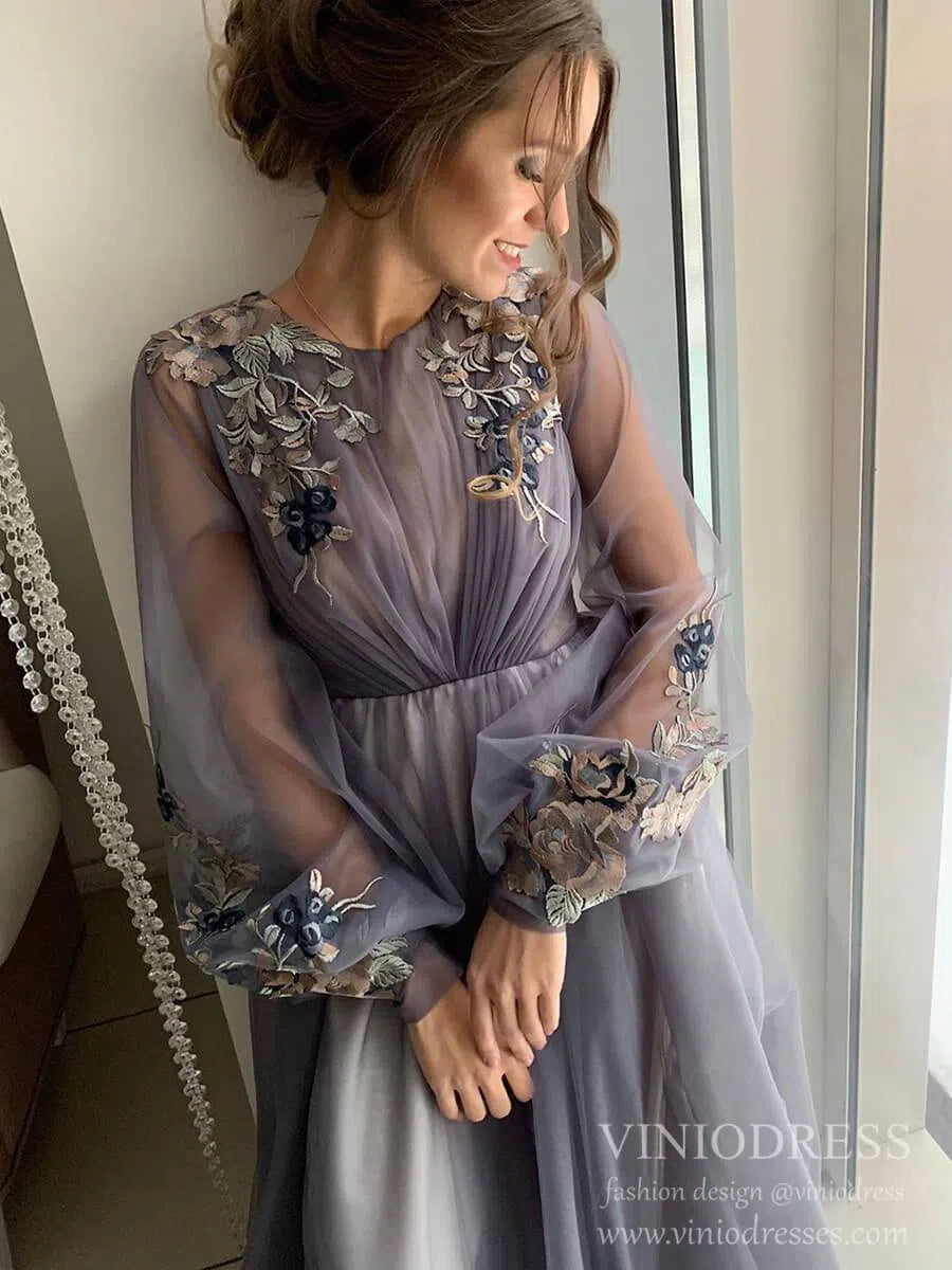 Long Sleeve Grey Prom Dresses Embroidered Engagement Dress FD1654-prom dresses 2025 -Viniodress-Grey-Custom Size-