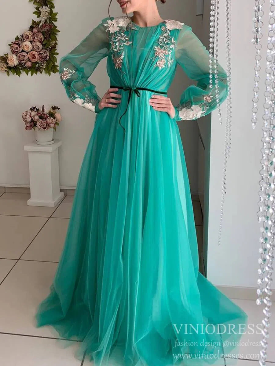 Long Sleeve Grey Prom Dresses Embroidered Engagement Dress FD1654-prom dresses 2025 -Viniodress-Grey-Custom Size-