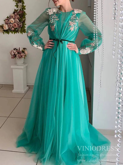 Long Sleeve Grey Prom Dresses Embroidered Engagement Dress FD1654-prom dresses 2025 -Viniodress-Grey-Custom Size-