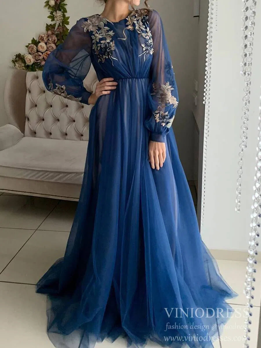 Long Sleeve Grey Prom Dresses Embroidered Engagement Dress FD1654-prom dresses 2025 -Viniodress-Navy Blue-Custom Size-