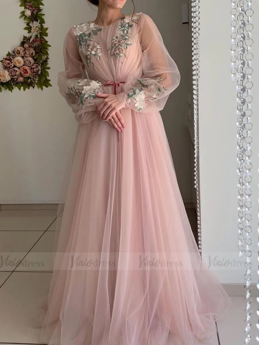Long Sleeve Grey Prom Dresses Embroidered Engagement Dress FD1654-prom dresses 2025 -Viniodress-Pink-Custom Size-