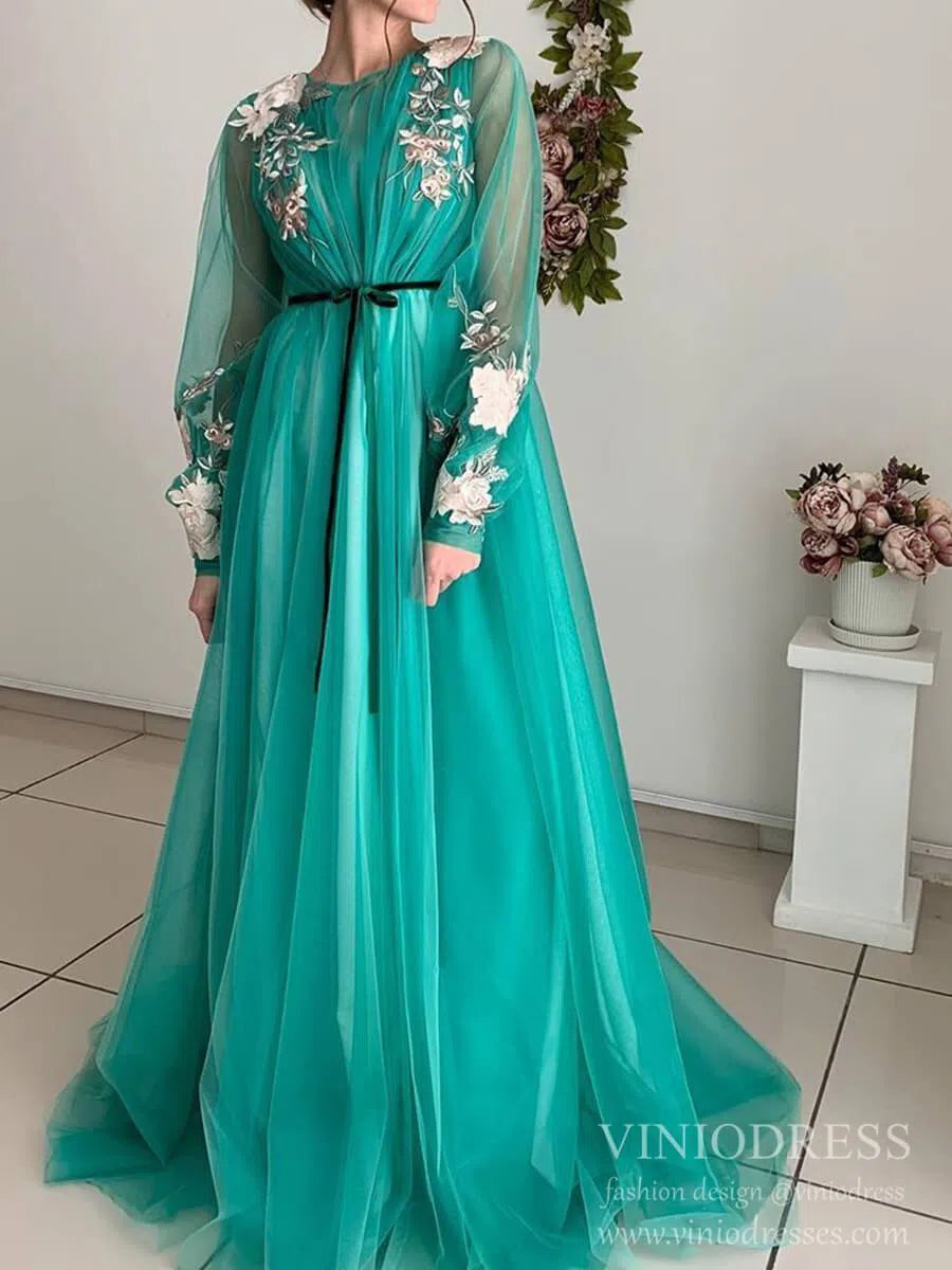 Long Sleeve Grey Prom Dresses Embroidered Engagement Dress FD1654-prom dresses 2025 -Viniodress-Turquoise-Custom Size-