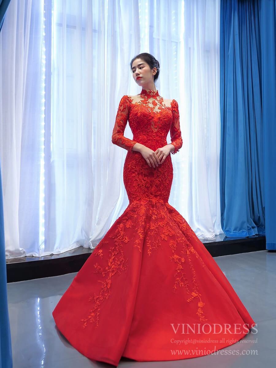 Long Sleeve High Neck Lace Mermaid Prom Dresses FD2453 viniodress-prom dresses 2025 -Viniodress-Red-Custom Size-