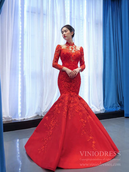 Long Sleeve High Neck Lace Mermaid Prom Dresses FD2453 viniodress-prom dresses 2025 -Viniodress-Red-Custom Size-