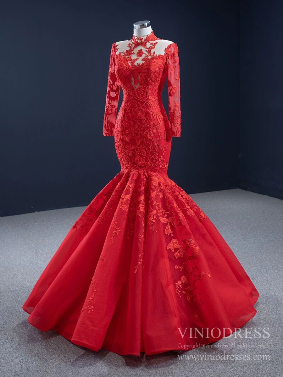 Long Sleeve High Neck Lace Mermaid Prom Dresses FD2453 viniodress-prom dresses 2025 -Viniodress-Red-Custom Size-