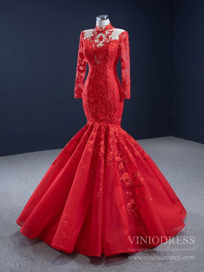 Long Sleeve High Neck Lace Mermaid Prom Dresses FD2453 viniodress-prom dresses 2025 -Viniodress-Red-Custom Size-