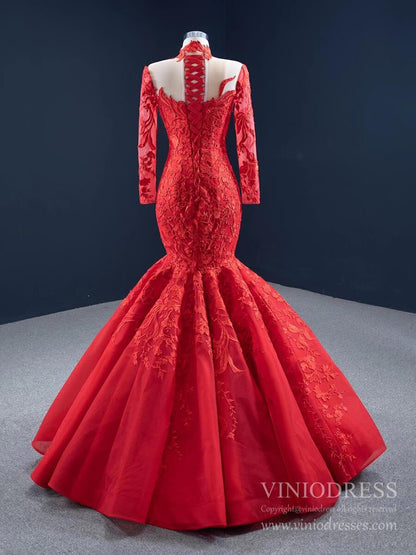 Long Sleeve High Neck Lace Mermaid Prom Dresses FD2453 viniodress-prom dresses 2025 -Viniodress-Red-Custom Size-