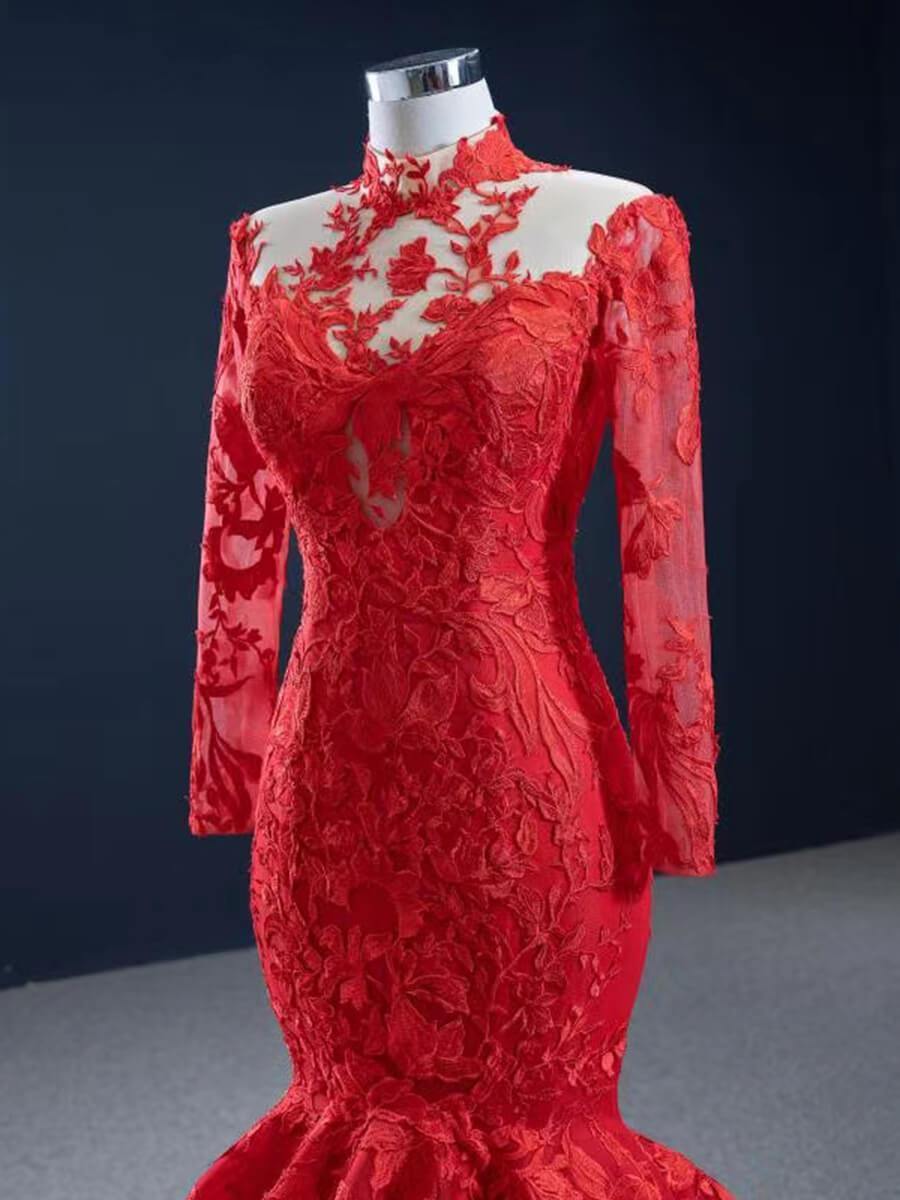 Long Sleeve High Neck Lace Mermaid Prom Dresses FD2453 viniodress-prom dresses 2025 -Viniodress-Red-Custom Size-