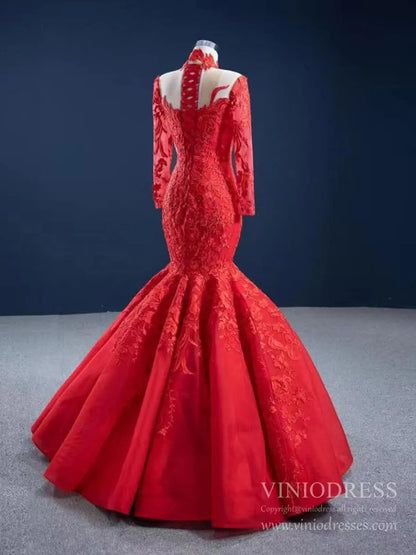 Long Sleeve High Neck Lace Mermaid Prom Dresses FD2453 viniodress-prom dresses 2025 -Viniodress-Red-Custom Size-