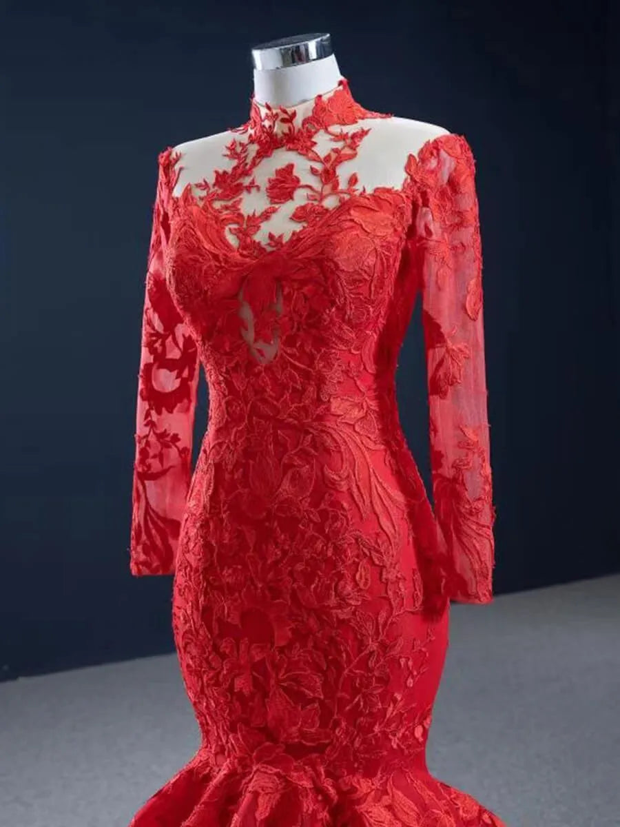 Long Sleeve High Neck Lace Mermaid Prom Dresses FD2453 viniodress-prom dresses 2025 -Viniodress-Red-Custom Size-