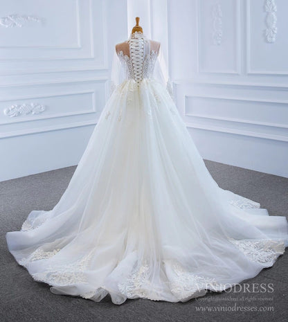 Long Sleeve High Neck Pearl Lace Wedding Dresses with Removable Skirt VW1780-wedding dresses 2025 -Viniodress-As Picture-Custom Size-